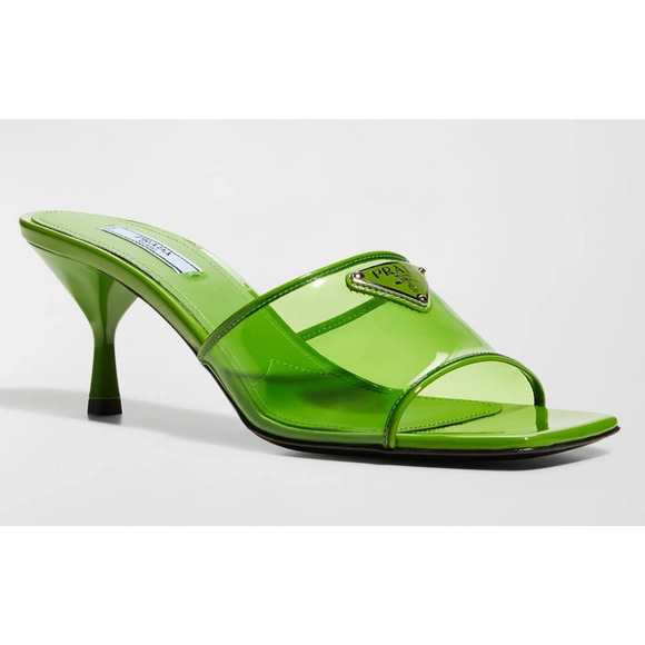 Prada Plexiglas Green PVC Patent Leather Backless Sandal Mule Heel Pump 38.5 - Picture 5 of 12